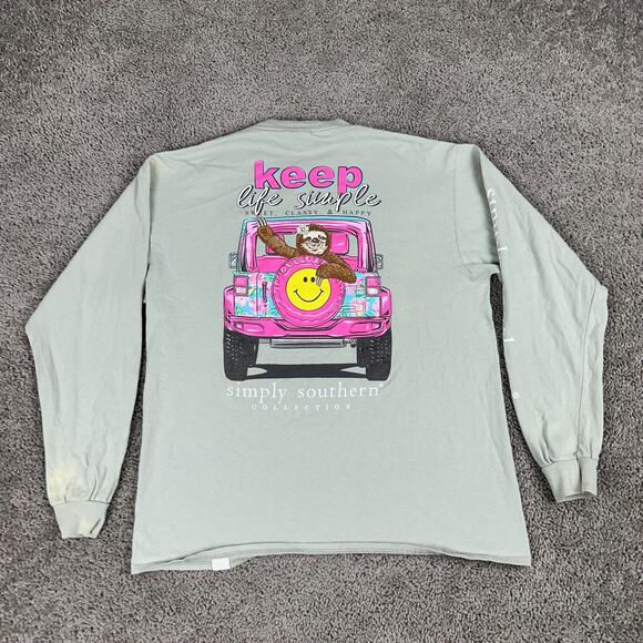 Simply Southern Shirt Womens Large Green Pink Keep Life Simple Slot Smiley READ - Picture 2 of 12